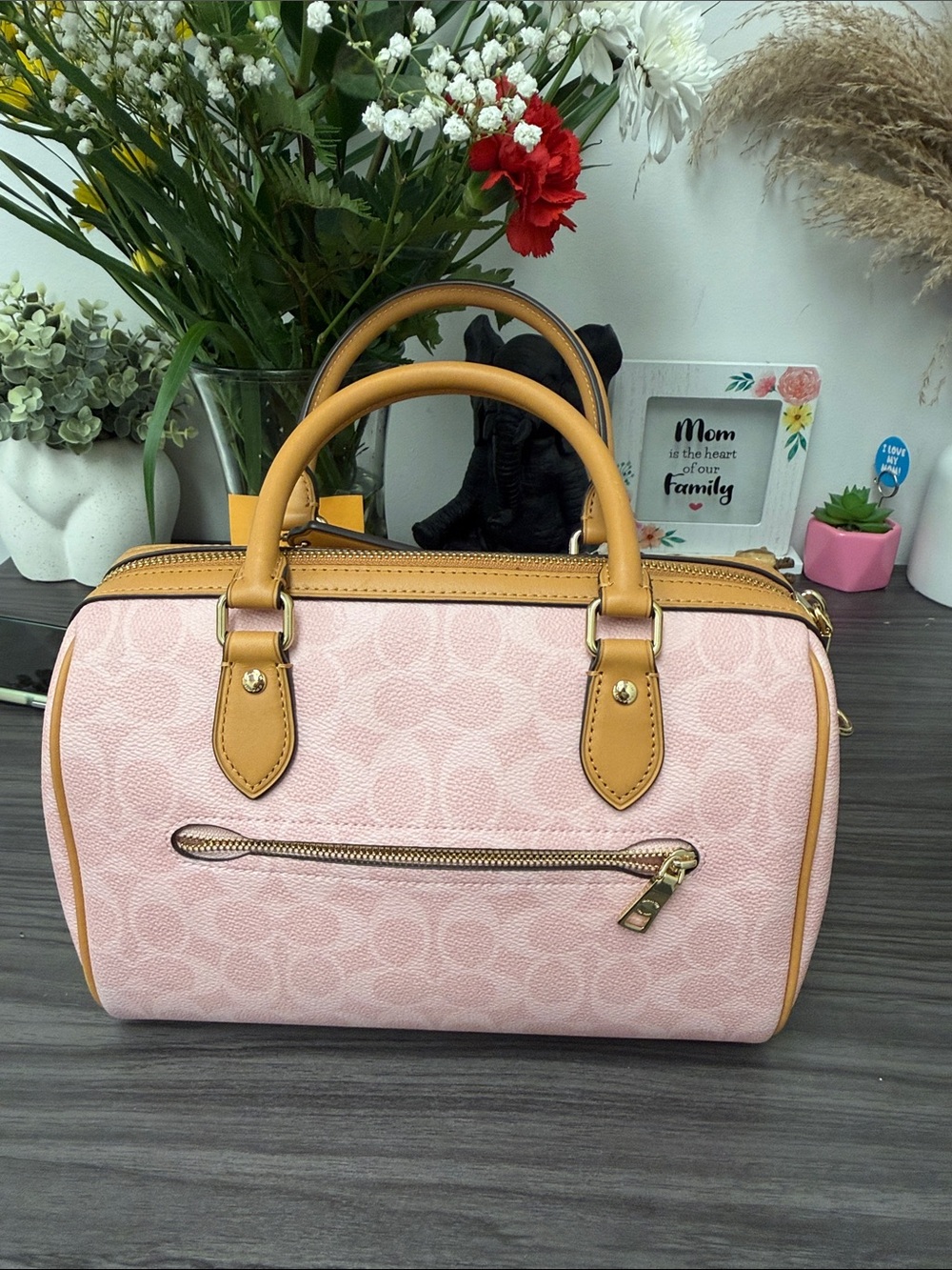 Coach Powder Pink Signature Canvas Rowan Satchel with Tan Leather Trim. Medium. - Picture 2 of 9